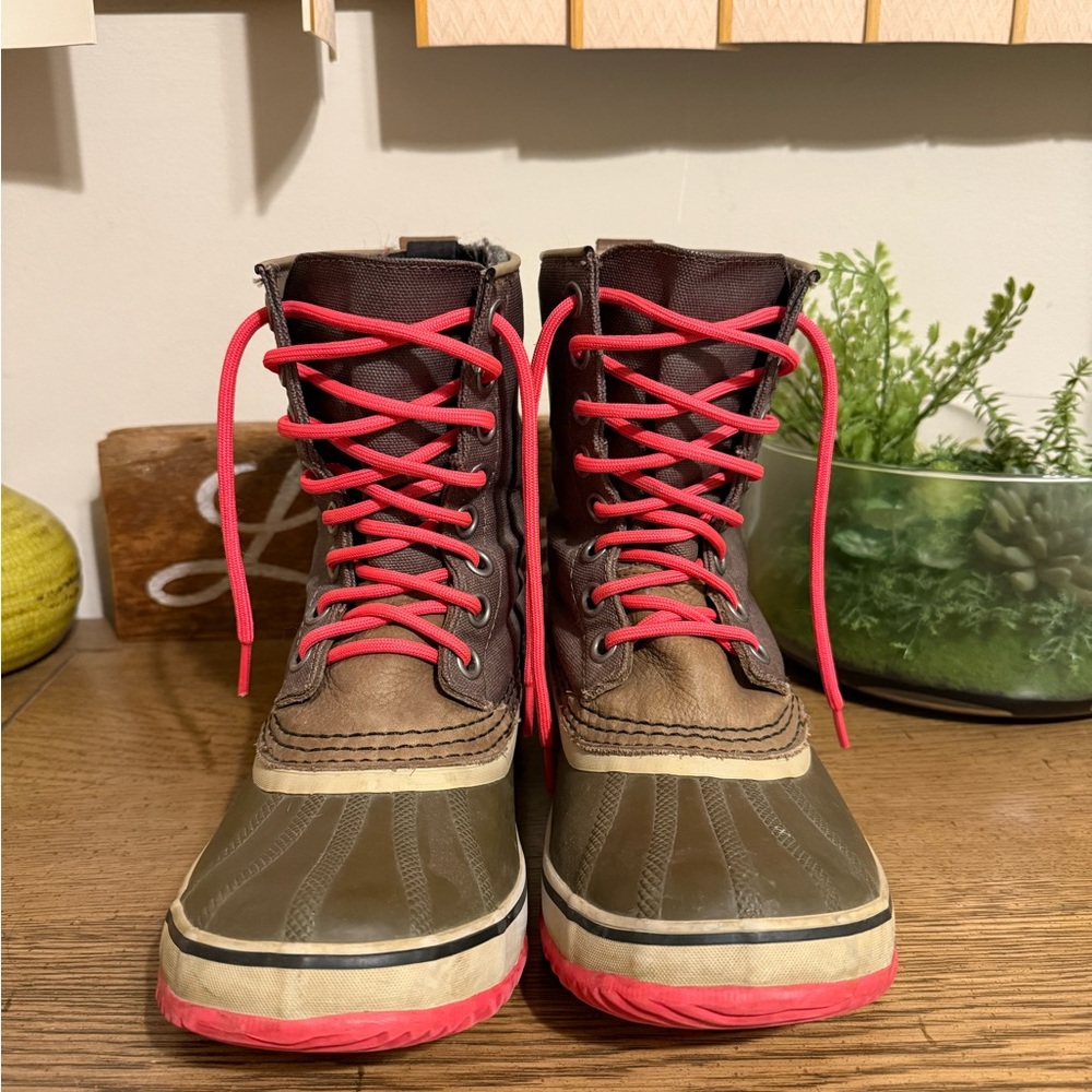 Sorel Two-Tone Duck Boots with Bright Red Laces